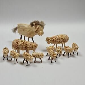 12  Czech Republic Corn Husk pieces- Horse, two adult sheep and 9 baby sheep